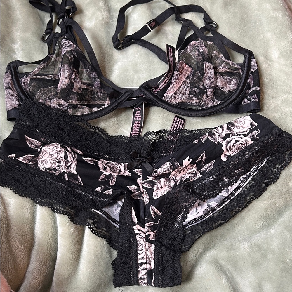 Victoria's Secret Black and Pink Floral Lace Bra Set